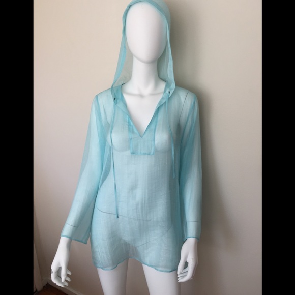 NWOT Neiman Marcus Exclusive silk turquoise hoodie - Picture 1 of 8